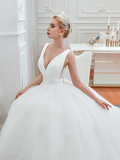 Ball Gown Wedding Dresses V Neck Court Train Tulle Regular Straps Simple Glamorous Backless with Ruched