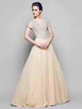 A-Line Mother of the Bride Dress Sparkle & Shine Bateau Neck Floor Length Chiffon Tulle Sequined Short Sleeve with Sequin