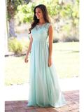 A-Line Jewel Neck Floor Length Chiffon  Lace Bridesmaid Dress with Sash  Ribbon  Pleats