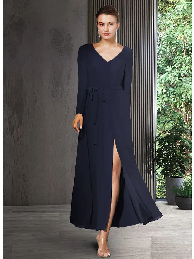 Mother of the Bride Dress Elegant V Neck Ankle Length Chiffon Long Sleeve with Bow(s) Split Front