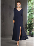 Mother of the Bride Dress Elegant V Neck Ankle Length Chiffon Long Sleeve with Bow(s) Split Front