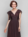 Mother of the Bride Dress Beautiful Back V Neck Floor Length Chiffon Short Sleeve with Criss Cross Ruched Draping