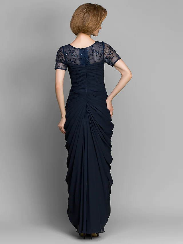 Mother of the Bride Dress Elegant Bateau Neck Floor Length Chiffon Short Sleeve with Ruched Beading