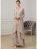 A-Line Mother of the Bride Dress Elegant Jewel Neck Floor Length Polyester Long Sleeve with Appliques