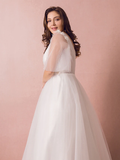 A-Line Wedding Dresses V Neck Floor Length Lace Satin Tulle Half Sleeve Formal Plus Size with Pearls Beading Appliques