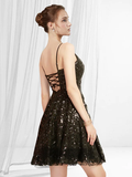 A-Line Glittering Sexy Homecoming Party Wear Dress V Neck Sleeveless Short  Mini Lace Sequined with Pleats Sequin