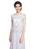 Mother of the Bride Dress Jewel Neck Floor Length Chiffon Short Sleeve with Beading Sequin