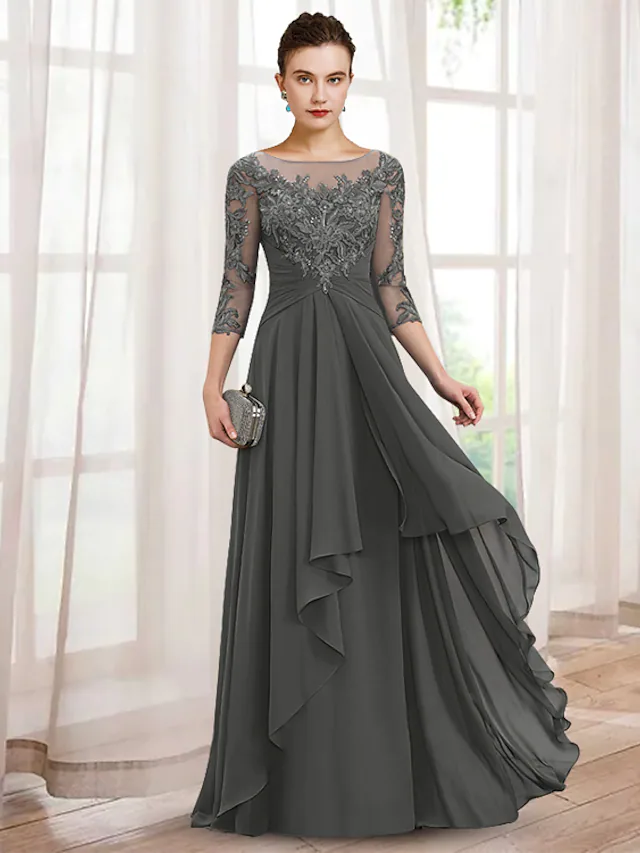 A-Line Mother of the Bride Dress Elegant V Neck Floor Length Chiffon Lace  Length Sleeve with Ruffles Appliques