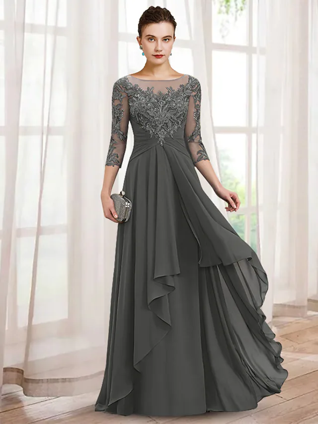 Elegant Lace Short Sleeves Chiffon V-neck Floor-length Mother of The Bride Dresses