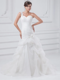 A-Line Wedding Dresses One Shoulder Court Train Organza Satin Spaghetti Strap with Pick Up Skirt Ruched Appliques