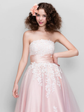 Ball Gown  Wedding Guest Prom Dress Strapless Sleeveless Ankle Length Tulle Stretch Satin with Appliques