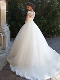 A-Line Wedding Dresses Off Shoulder Court Train Lace Tulle  Length Sleeve Formal Sexy Illusion Sleeve with Appliques
