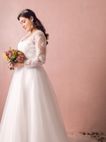 A-Line Wedding Dresses Jewel Neck Court Train Lace Long Sleeve Country Illusion Sleeve