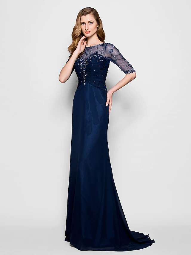 A-Line Mother of the Bride Dress See Through Jewel Neck  Chiffon Tulle Half Sleeve with Ruched Crystals Beading