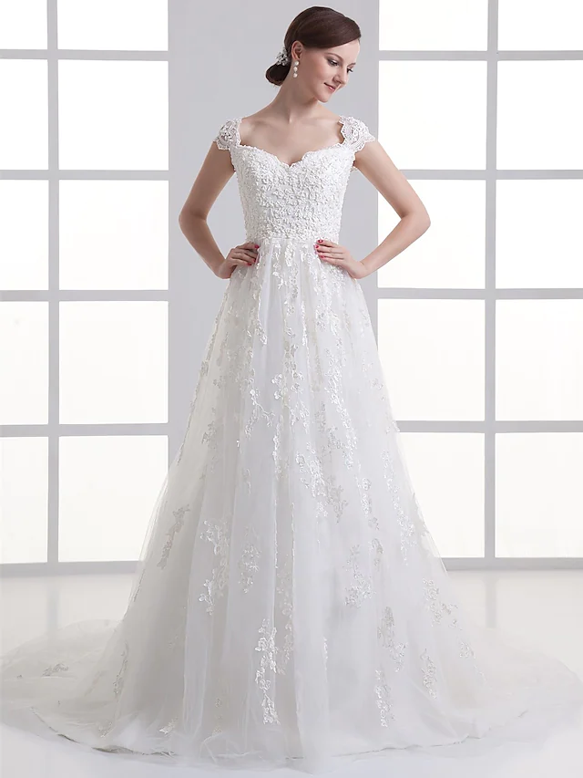 A-Line Wedding Dresses Sweetheart Neckline Court Train Lace Satin Tulle Cap Sleeve with Beading Appliques
