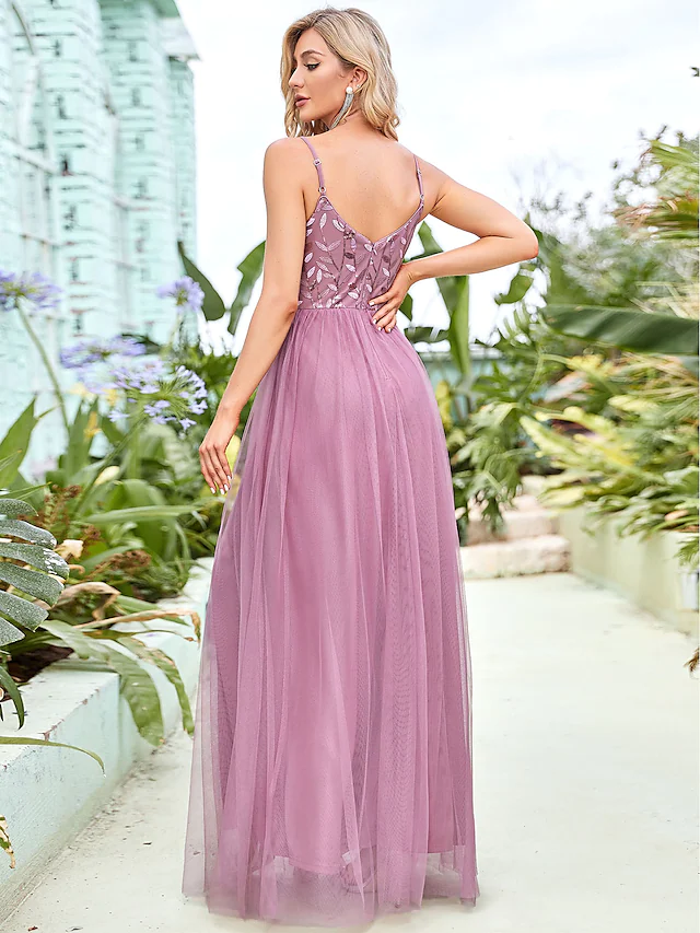 A-Line Spaghetti Strap Floor Length Tulle  Sequined Bridesmaid Dress with Tier