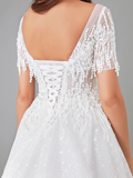 A-Line Wedding Dresses Bateau Neck Court Train Lace Satin Tulle Short Sleeve See-Through with Lace Insert Appliques