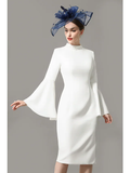 Mother of the Bride Dress Wrap Included High Neck Knee Length Jersey 3/4 Length Sleeve with Crystals