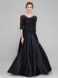 A-Line Mother of the Bride Dress Open Back V Neck Floor Length Lace Satin Half Sleeve with Lace Bow(s)