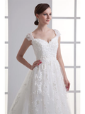 A-Line Wedding Dresses Sweetheart Neckline Court Train Lace Satin Tulle Cap Sleeve with Beading Appliques
