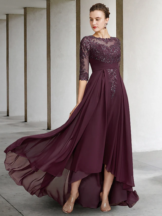 A-Line Mother of the Bride Dress Elegant Jewel Neck Asymmetrical Floor Length Chiffon Lace Half Sleeve with Pleats Appliques