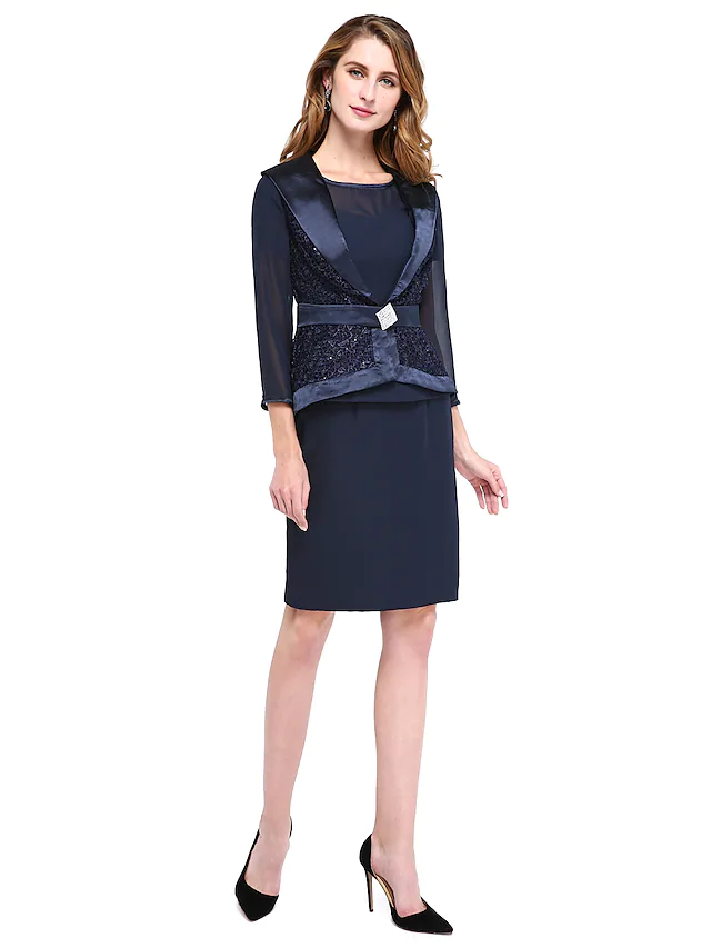 Mother of the Bride Dress Two Piece Wrap Included Jewel Neck Knee Length Chiffon Lace  Length Sleeve withCrystal Brooch Sash  Ribbon