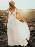 Wedding Dresses V Neck Floor Length Chiffon Short Sleeve Country Simple Beach with Pleats