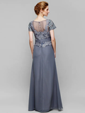 Mother of the Bride Dress Elegant V Neck Floor Length Chiffon Lace Short Sleeve with Lace