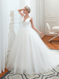 Ball Gown Wedding Dresses V Neck Court Train Tulle Regular Straps Simple Glamorous Backless with Ruched