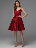 A-Line Hot Homecoming Cocktail Party Valentine's Day Dress V Neck Sleeveless Short  Mini Satin with Pleats