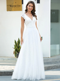 A-Line Wedding Dresses V Neck Floor Length Lace Tulle Short Sleeve Simple Casual with Lace