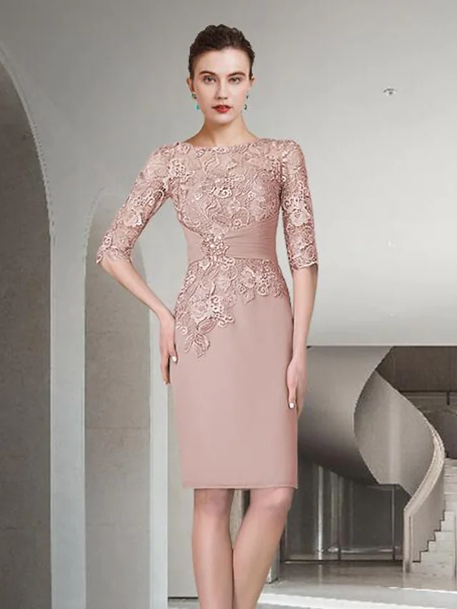 Mother of the Bride Dress Elegant Jewel Neck Knee Length Chiffon Lace Half Sleeve with Ruched Appliques