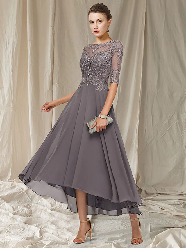 A-Line Mother of the Bride Dress Elegant Jewel Neck Asymmetrical Ankle Length Chiffon Lace Half Sleeve with Pleats Appliques