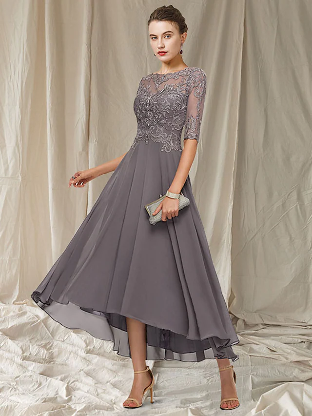 A-Line Mother of the Bride Dress Elegant Jewel Neck Asymmetrical Ankle ...