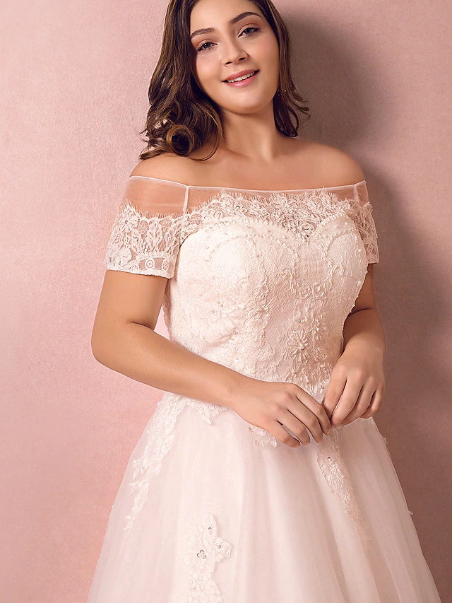 A-Line Wedding Dresses Off Shoulder Floor Length Lace Satin Tulle Short Sleeve Formal Plus Size with Lace Pearls Lace Insert