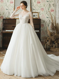 Ball Gown Wedding Dresses V Neck Chapel Train Tulle Long Sleeve Formal with Pleats Appliques