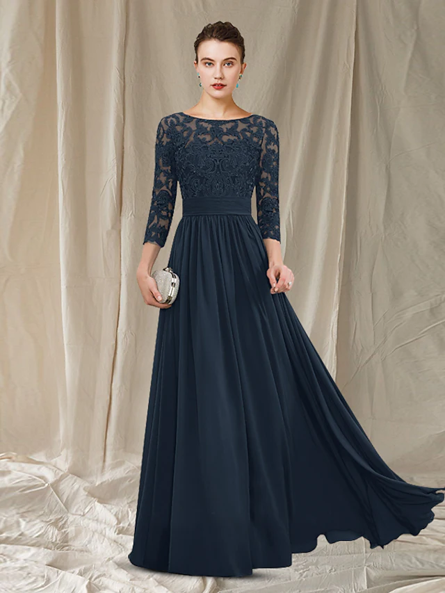 A-Line Mother of the Bride Dress Elegant Jewel Neck Floor Length Chiffon Lace  Length Sleeve with Pleats Appliques