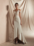 Mermaid Trumpet Wedding Dresses V Neck Asymmetrical Matte Satin Short Sleeve Casual Sexy Illusion Detail Modern with Appliques