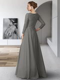 Mother of the Bride Dress Elegant V Neck Floor Length Chiffon Lace 3/4 Length Sleeve with Pleats Appliques