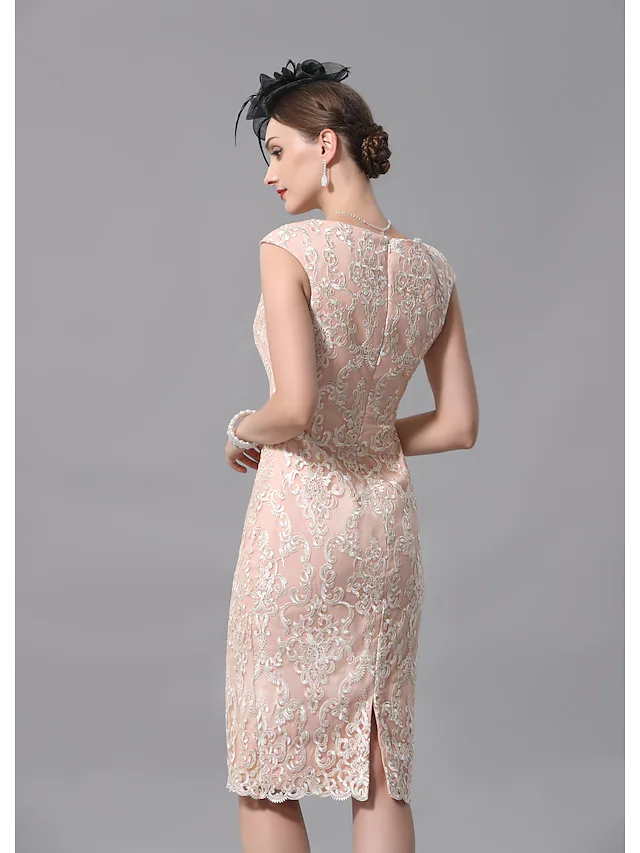 Two Piece A-Line Mother of the Bride Dress Wrap Included Jewel Neck Knee Length Lace Half Sleeve with Appliques