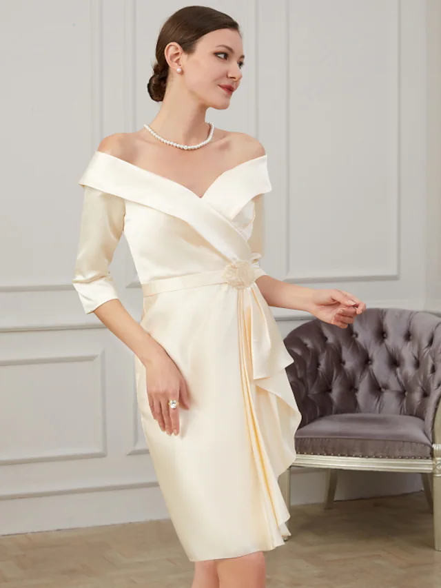 Mother of the Bride Dress Plus Size Off Shoulder Knee Length Polyester Half Sleeve with Ruffles Ruching