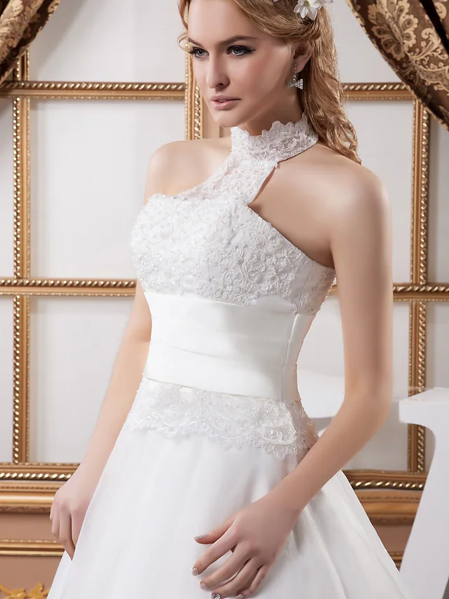 A Line High Neck Lace Long Sleeves Wedding Dresses with Court Train main image 1