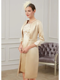 Mother of the Bride Dress Plus Size Jewel Neck Knee Length Lace Polyester 3/4 Length Sleeve with Lace Appliques Ruching