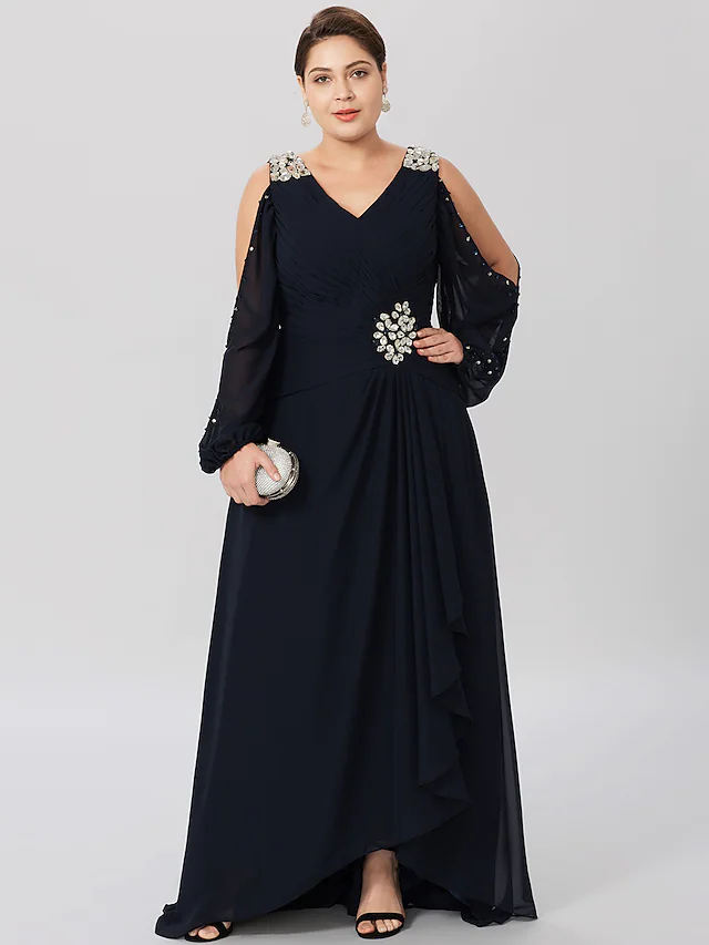 Mother of the Bride Dress Classic & Timeless Elegant & Luxurious Plus Size V Neck Asymmetrical Chiffon Stretch Satin Long Sleeve with Criss Cross Crystals