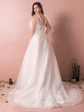 A-Line Wedding Dresses V Neck Court Train Satin Tulle Half Sleeve Formal Plus Size with Appliques