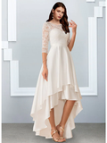 A-Line Wedding Dresses Jewel Neck Asymmetrical Chiffon Lace Half Sleeve Simple Beach with Cascading Ruffles
