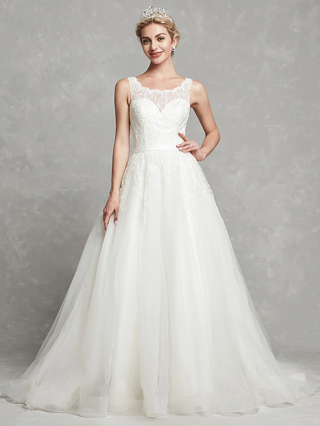 A-Line Wedding Dresses Scoop Neck Chapel Train Lace Tulle Regular Straps Formal Illusion Detail with Lace Sash  Ribbon