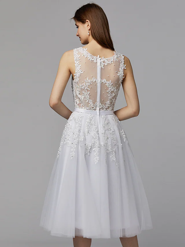 A-Line Elegant Floral Homecoming Prom Dress Illusion Neck Sleeveless Tea Length Lace Satin with Beading Appliques