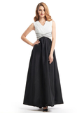 A-Line Mother of the Bride Dress Color Block V Neck Ankle Length Chiffon Taffeta Sleeveless with Criss Cross Beading