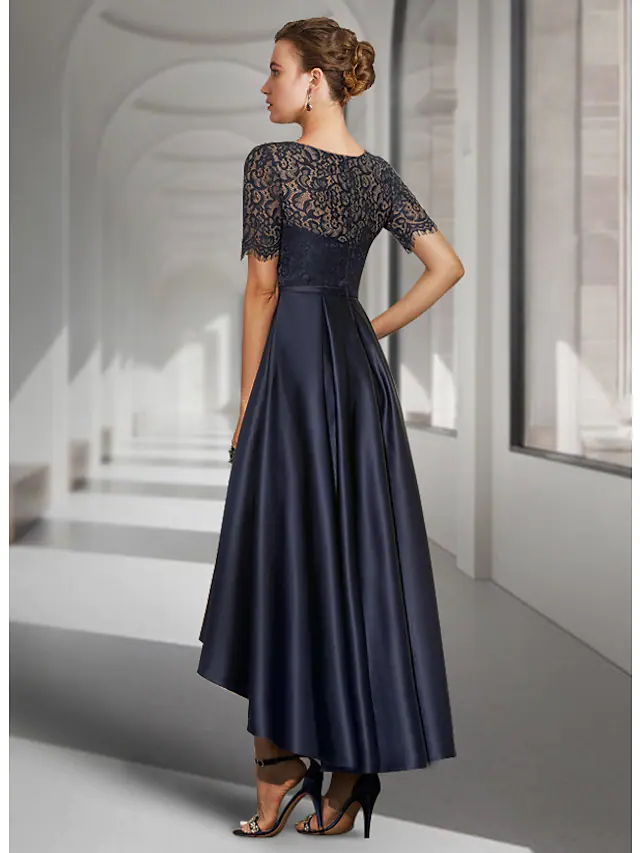 A-Line Mother of the Bride Dress Elegant Jewel Neck Asymmetrical Lace ...